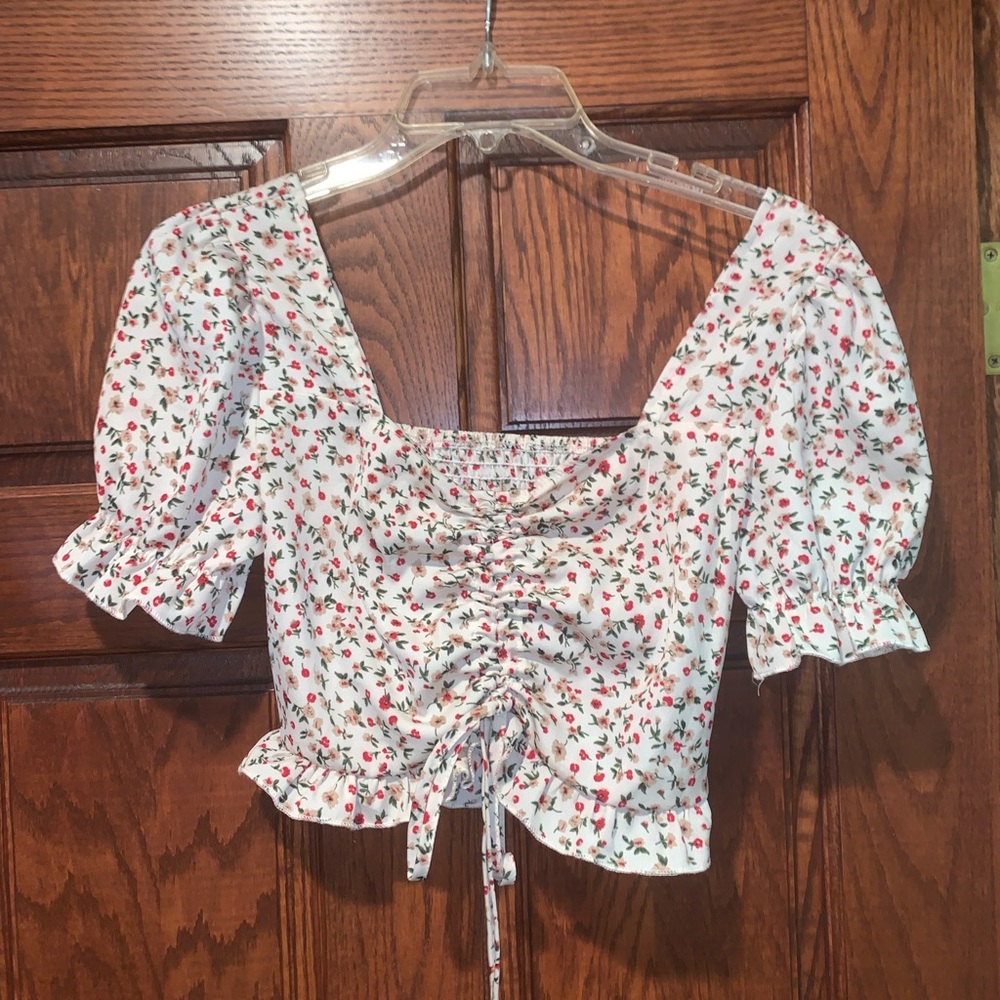 Floral White Top with Red Accents